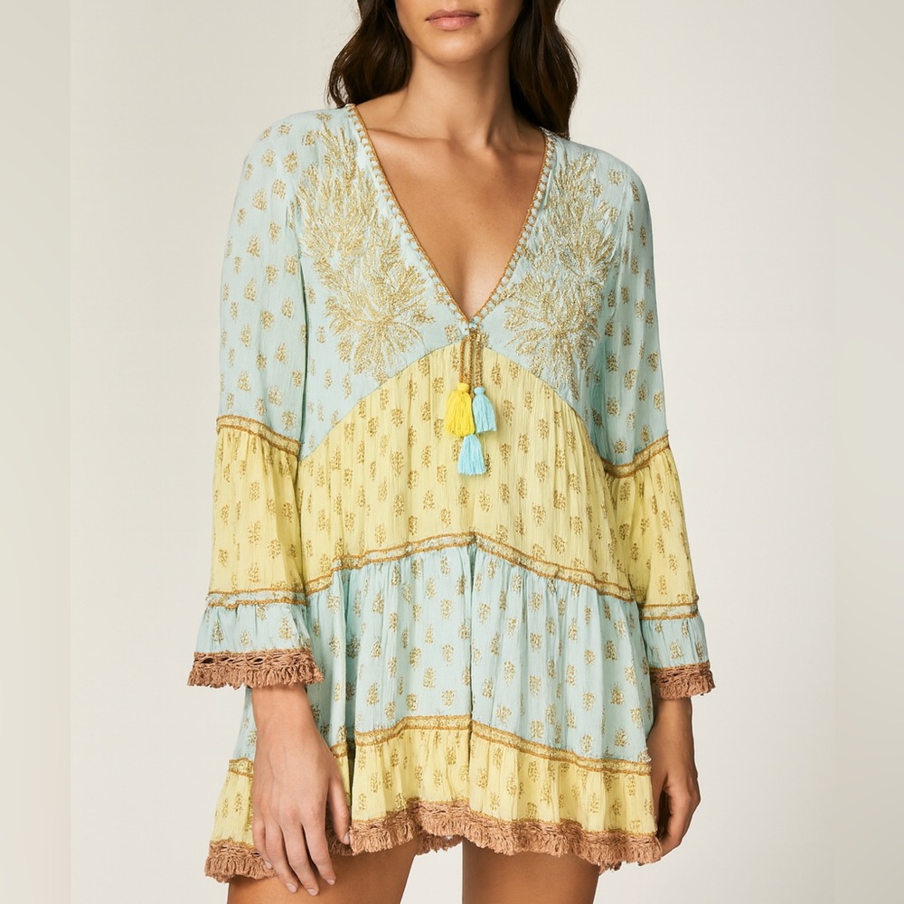 Boho Madrid Embroidered Tunic Mini Tassle Dress Size M Blue Yellow Metallic
